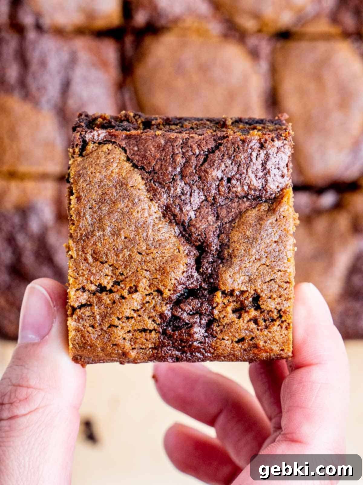 Spiced Gingerbread Brownies 2 Close up of a hand holding a gingerbread brownie with a bite taken out, showing the layered cookie inside