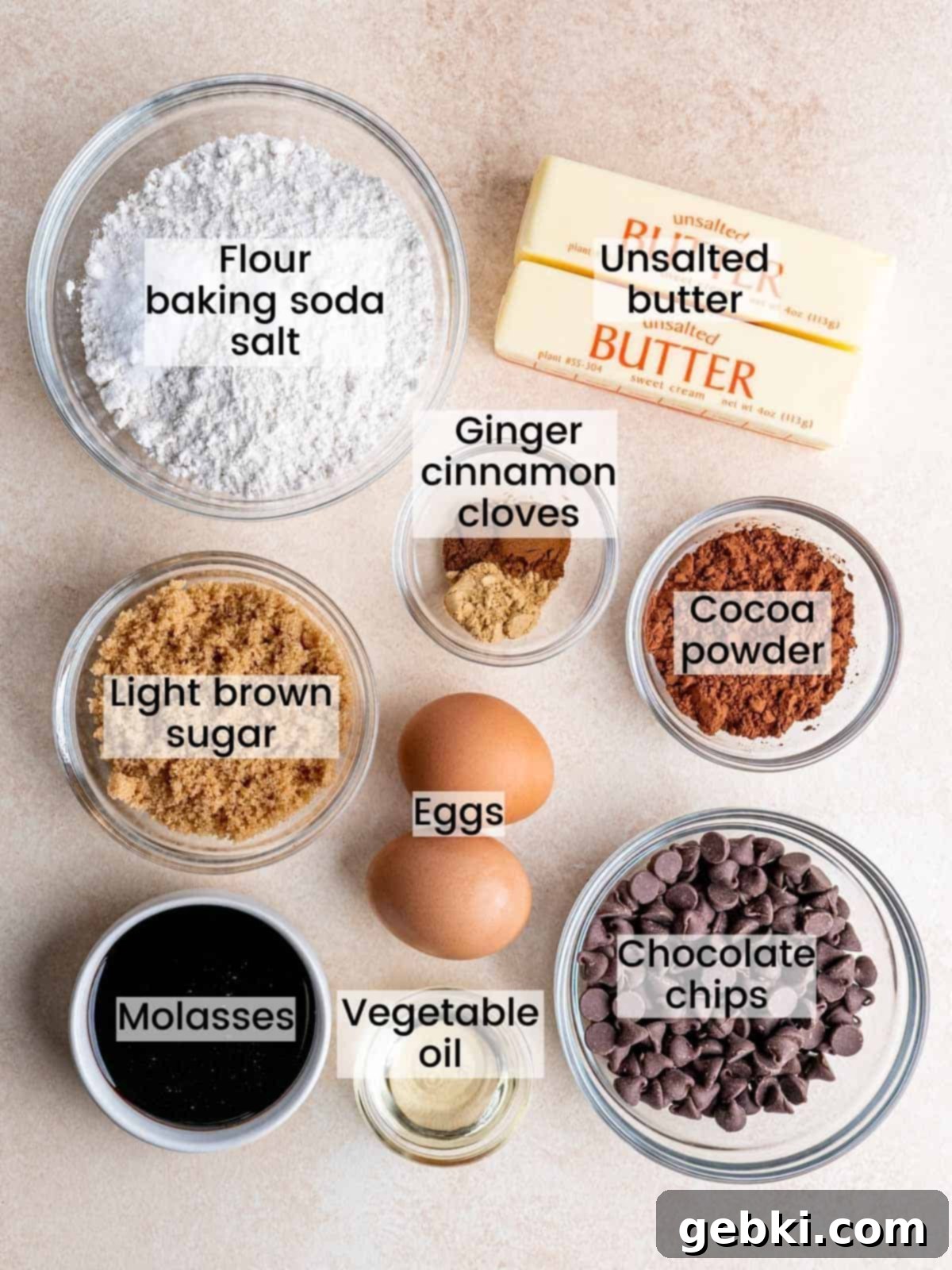 Spiced Gingerbread Brownies 3 Individual ingredients for gingerbread brownies laid out and labeled