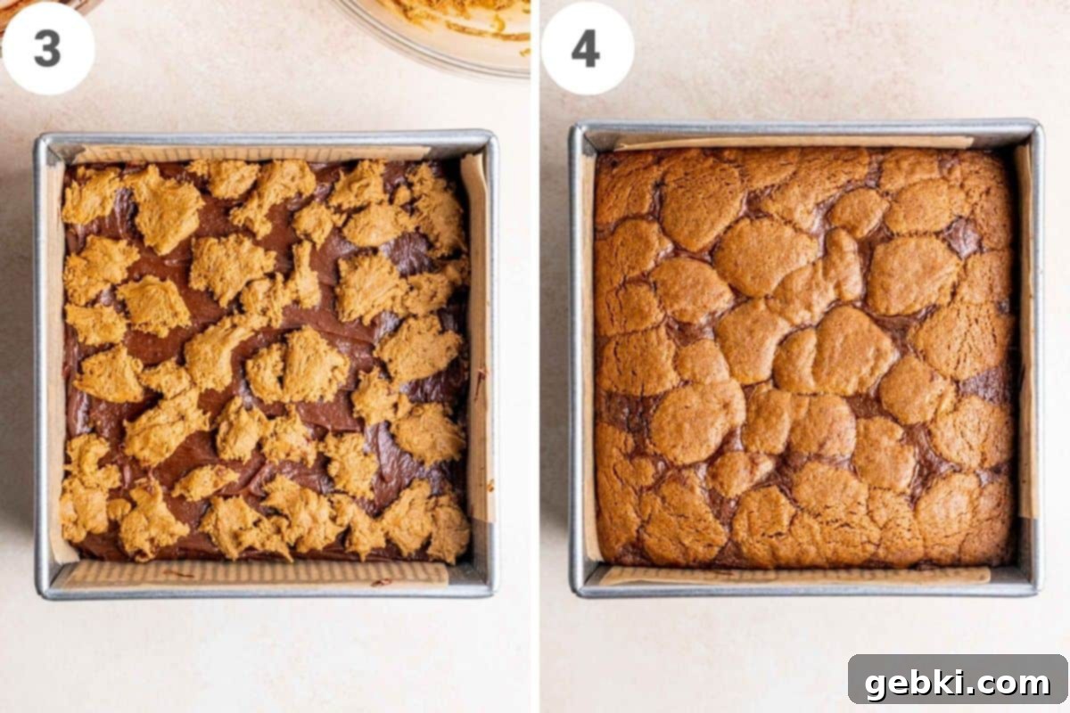 Spiced Gingerbread Brownies 5 Step by step instructions showing the gingerbread brownies unbaked and baked in a square pan