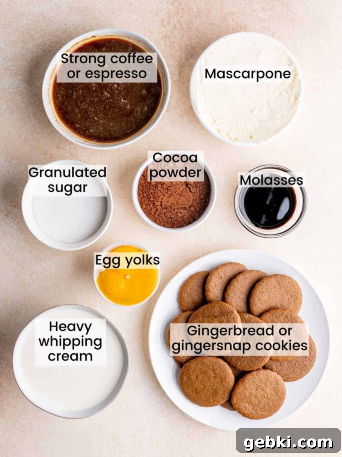 Labeled ingredients for Gingerbread Tiramisu jars including mascarpone, espresso, molasses, and gingerbread cookies.