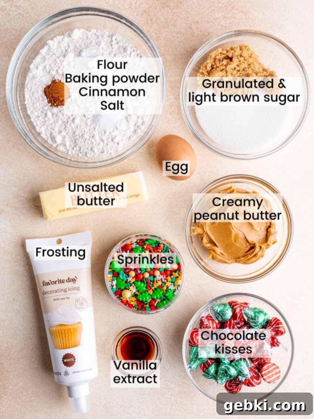 The ingredients needed to make Holiday gnome cookie peanut butter blossoms.