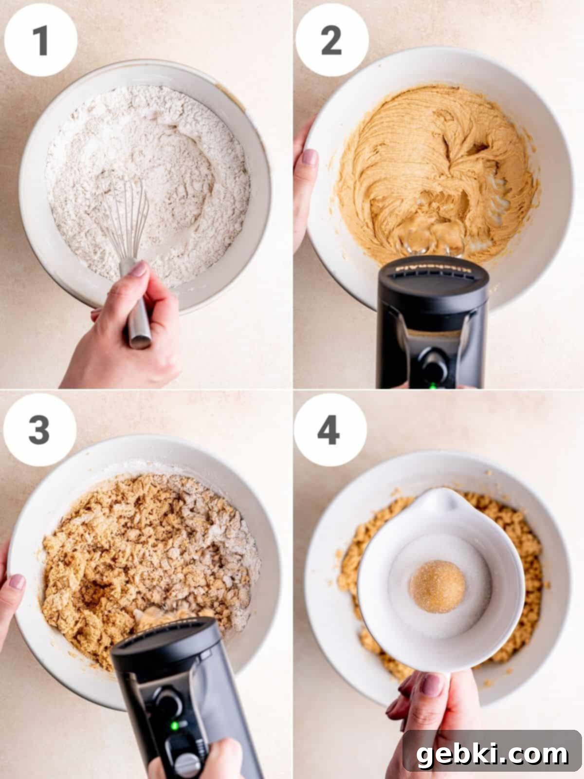Step by step instructions showing how to make peanut butter blossom cookie dough.