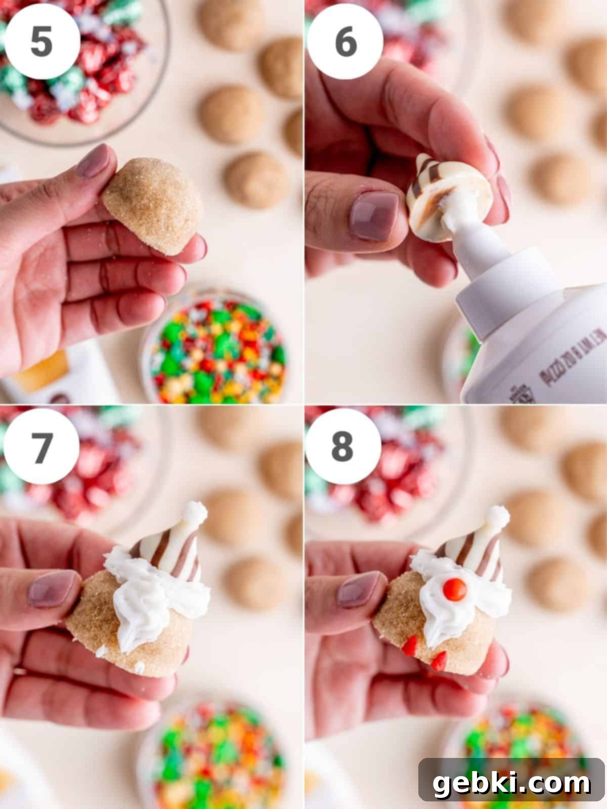 Step by step instructions showing how to assemble the gnome cookies.