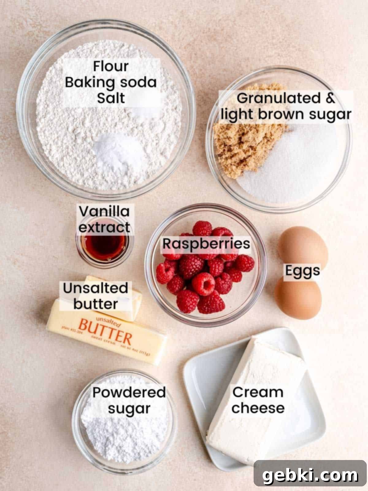 Ingredients needed to make raspberry cheesecake cookies.