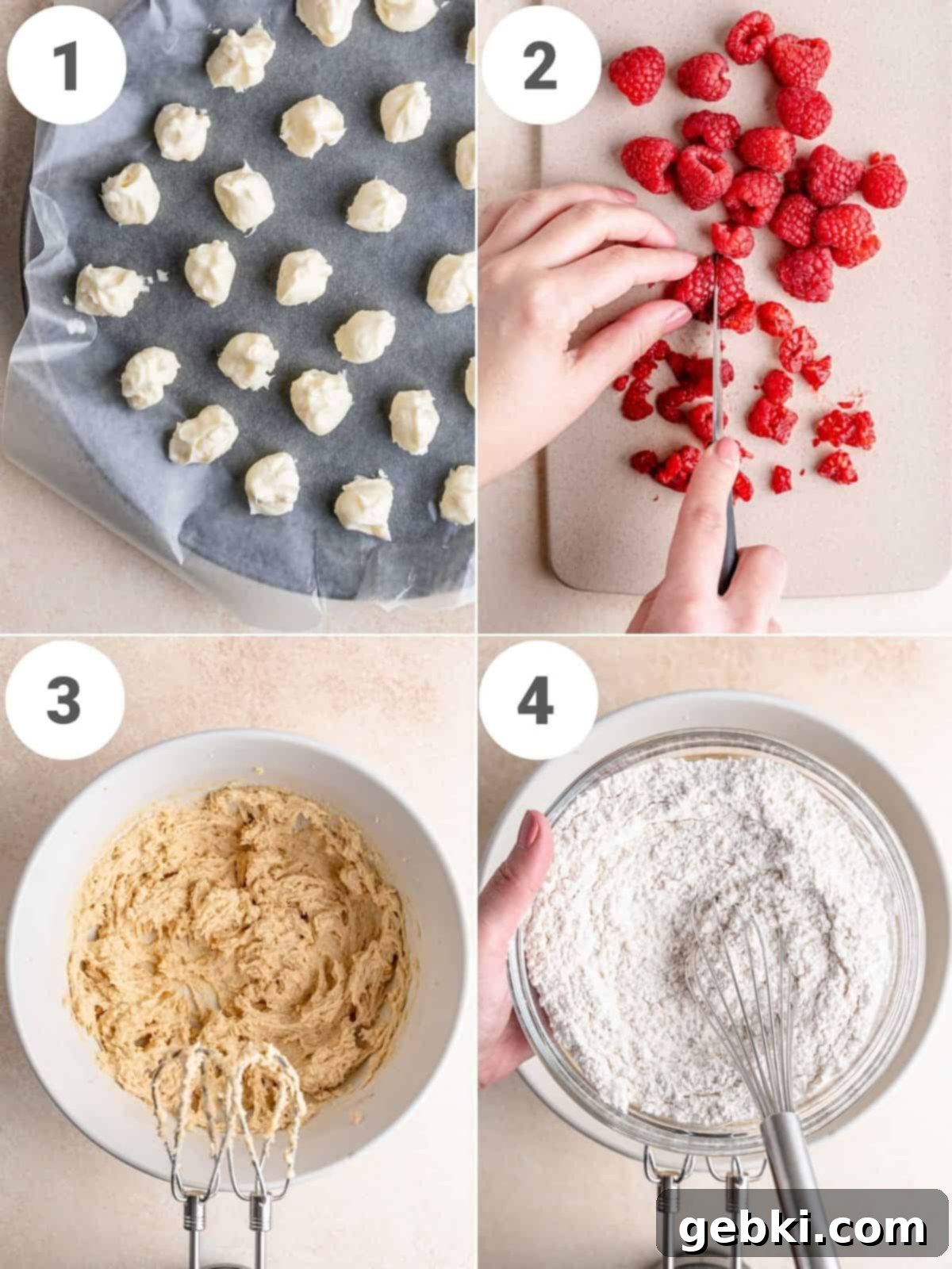 Step by step instructions showing how to make cheesecake stuffed raspberry cookies.