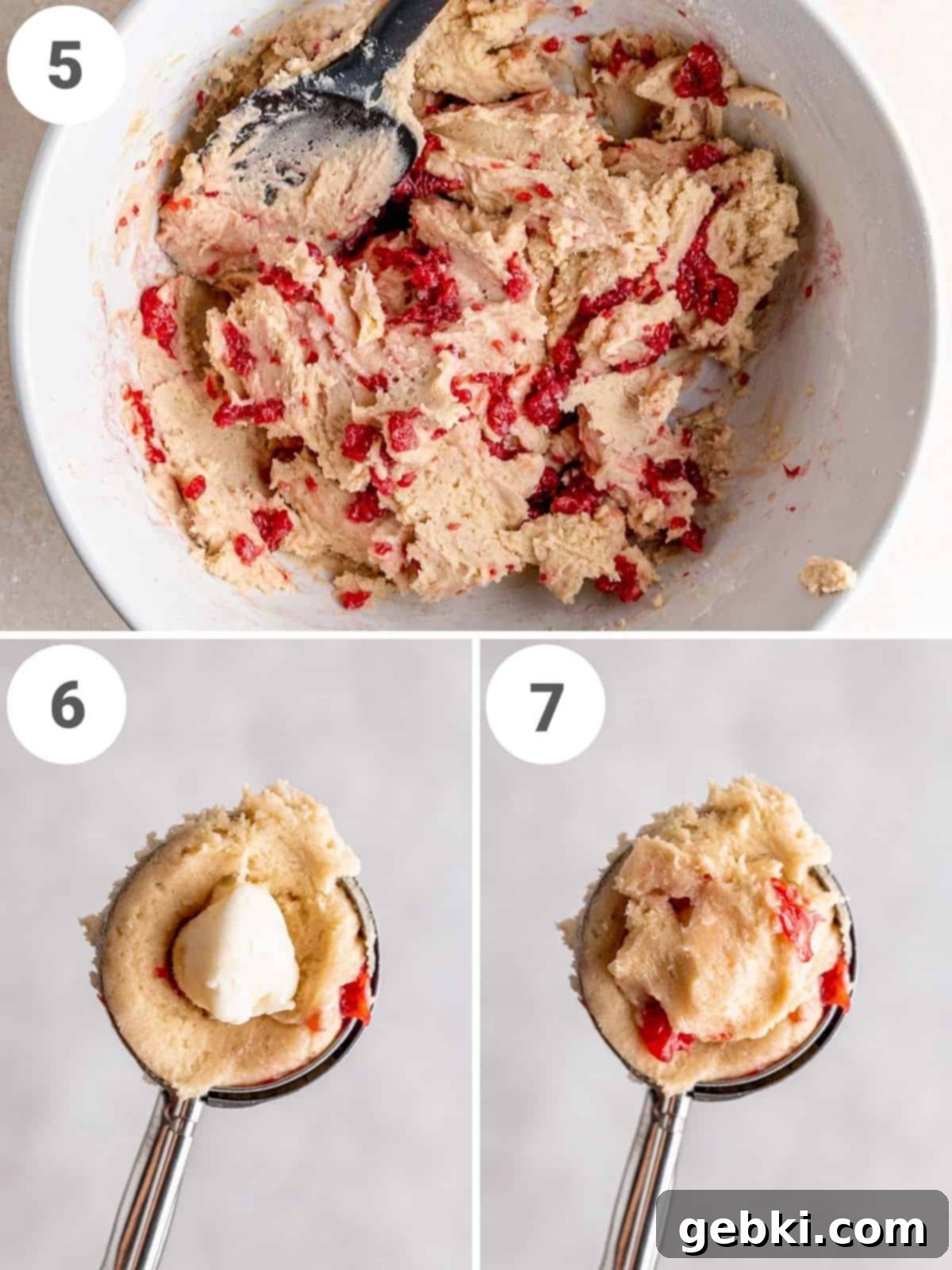 Step by step instructions showing how to place cheesecake filling inside the cookie dough.