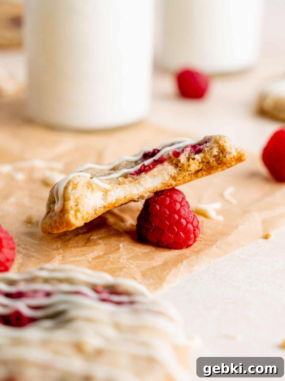 A raspberry cookie with a bite taken out of it, showing the cream cheese filling.