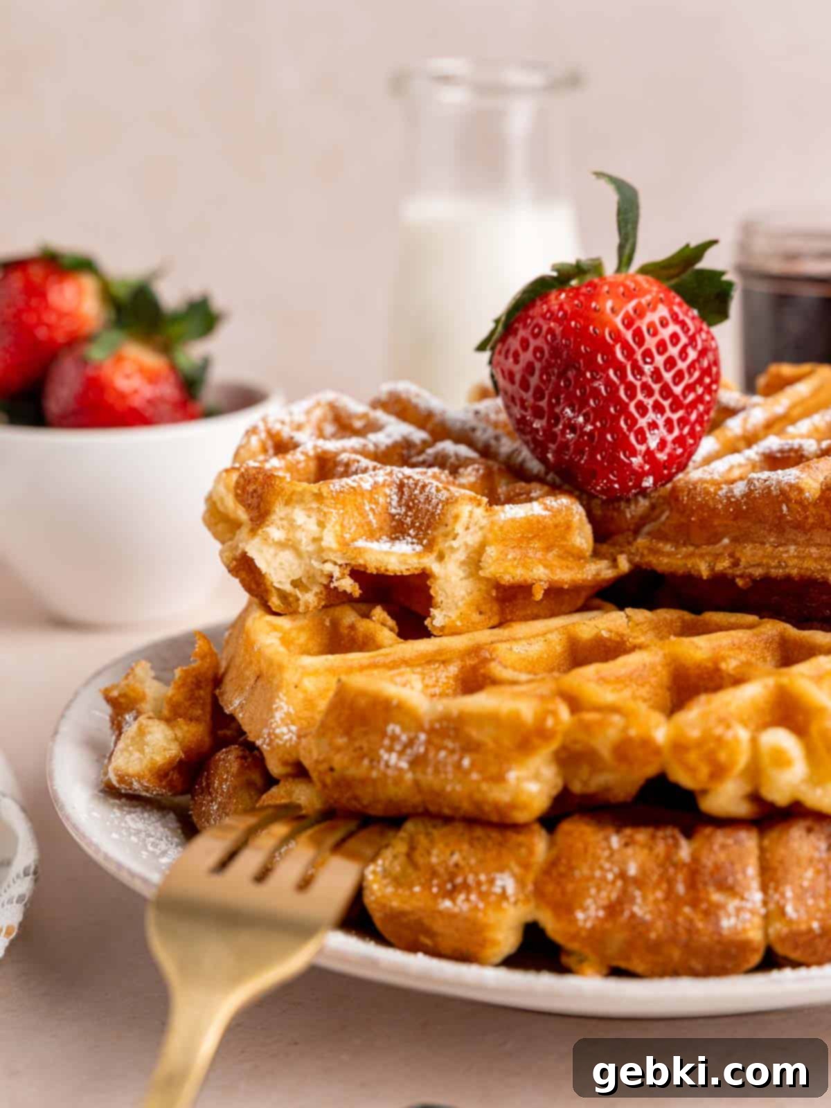 Fluffy Golden Homemade Belgian Waffles 8 A stack of golden-brown Belgian waffles with a bite taken out of the top one, revealing its fluffy interior.