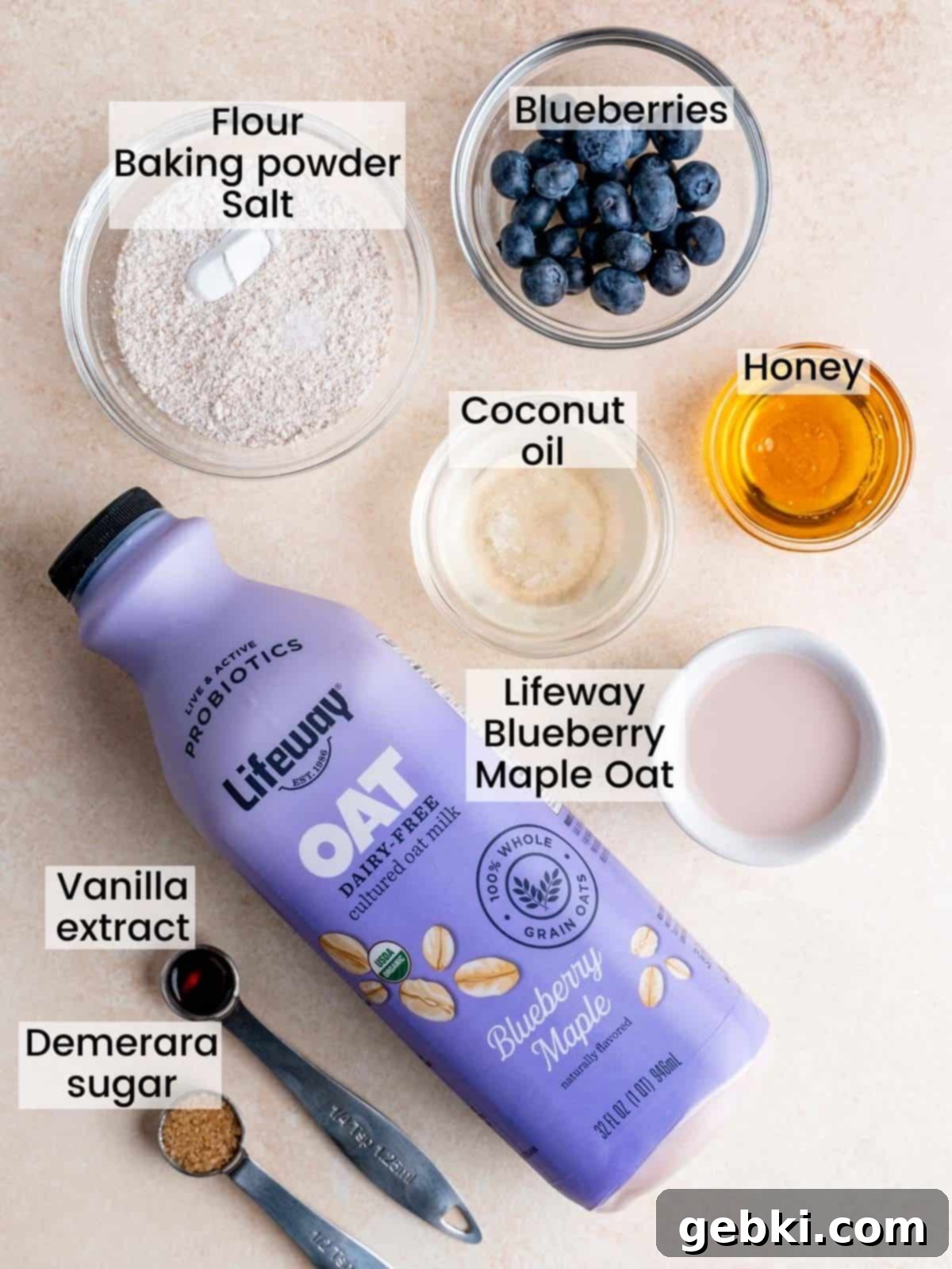 Blueberry Bliss in a Mug 3 Ingredients needed to make a blueberry mug muffin.