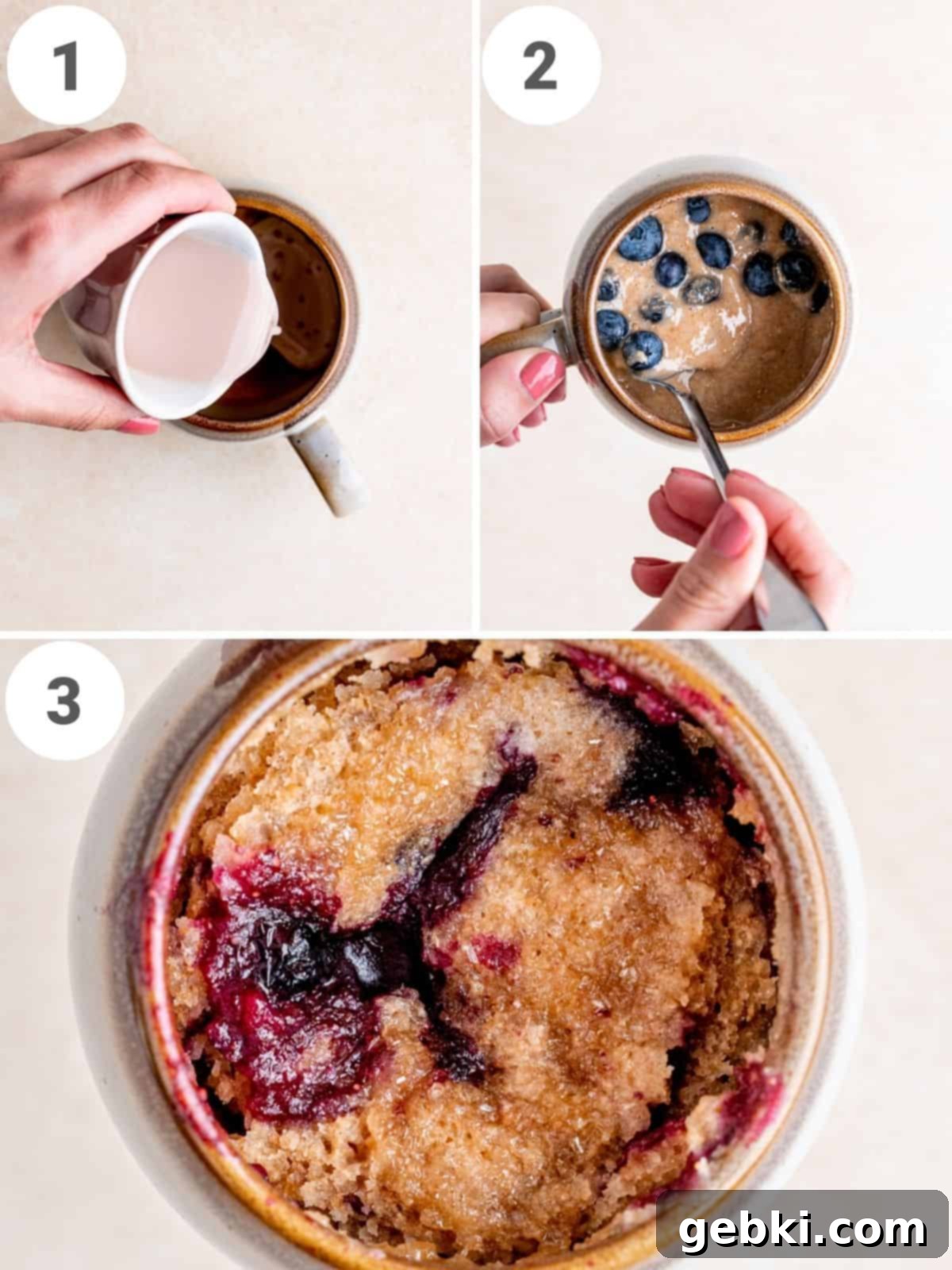 Blueberry Bliss in a Mug 4 Step by step instructions showing how to make a blueberry muffin in a mug.