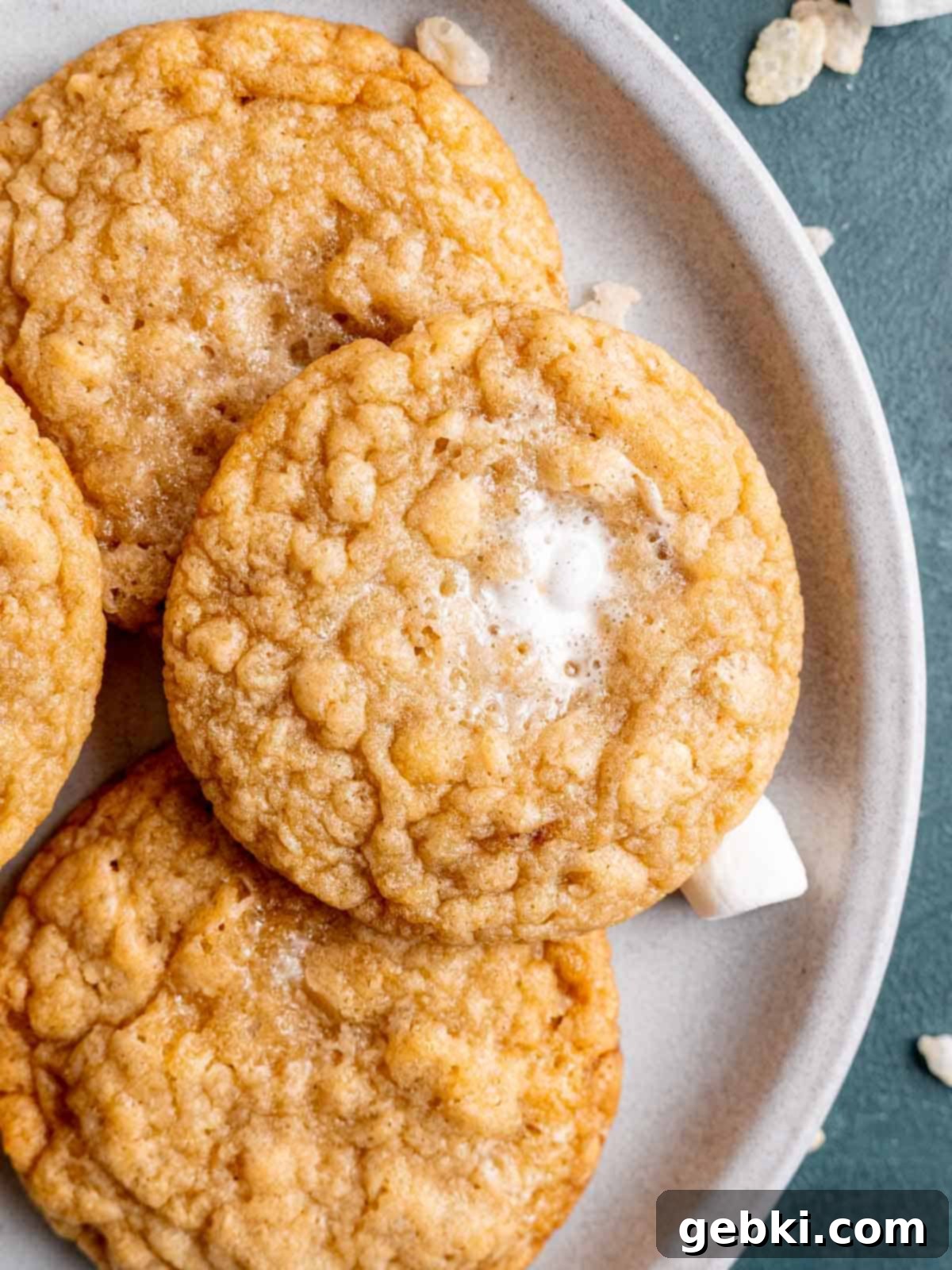 Toasted Marshmallow Crunch Cookies 2 Marshmallow crispy cookies with gooey marshmallow in the center.