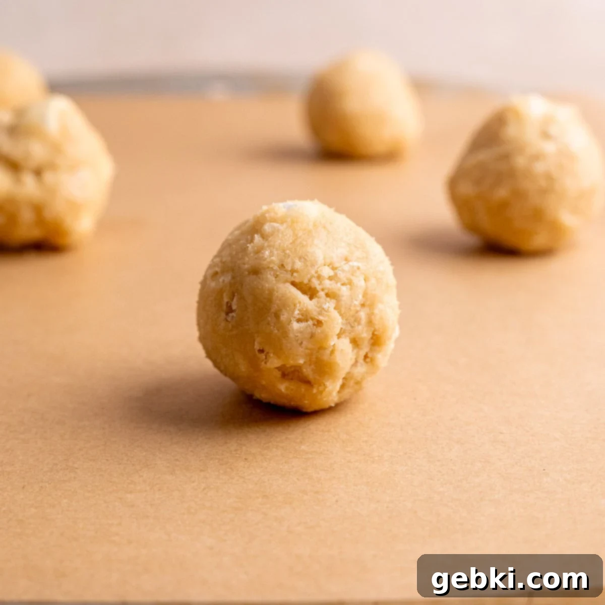 Toasted Marshmallow Crunch Cookies 9 Cookie dough balls with marshmallows and Rice Krispies on a baking sheet.