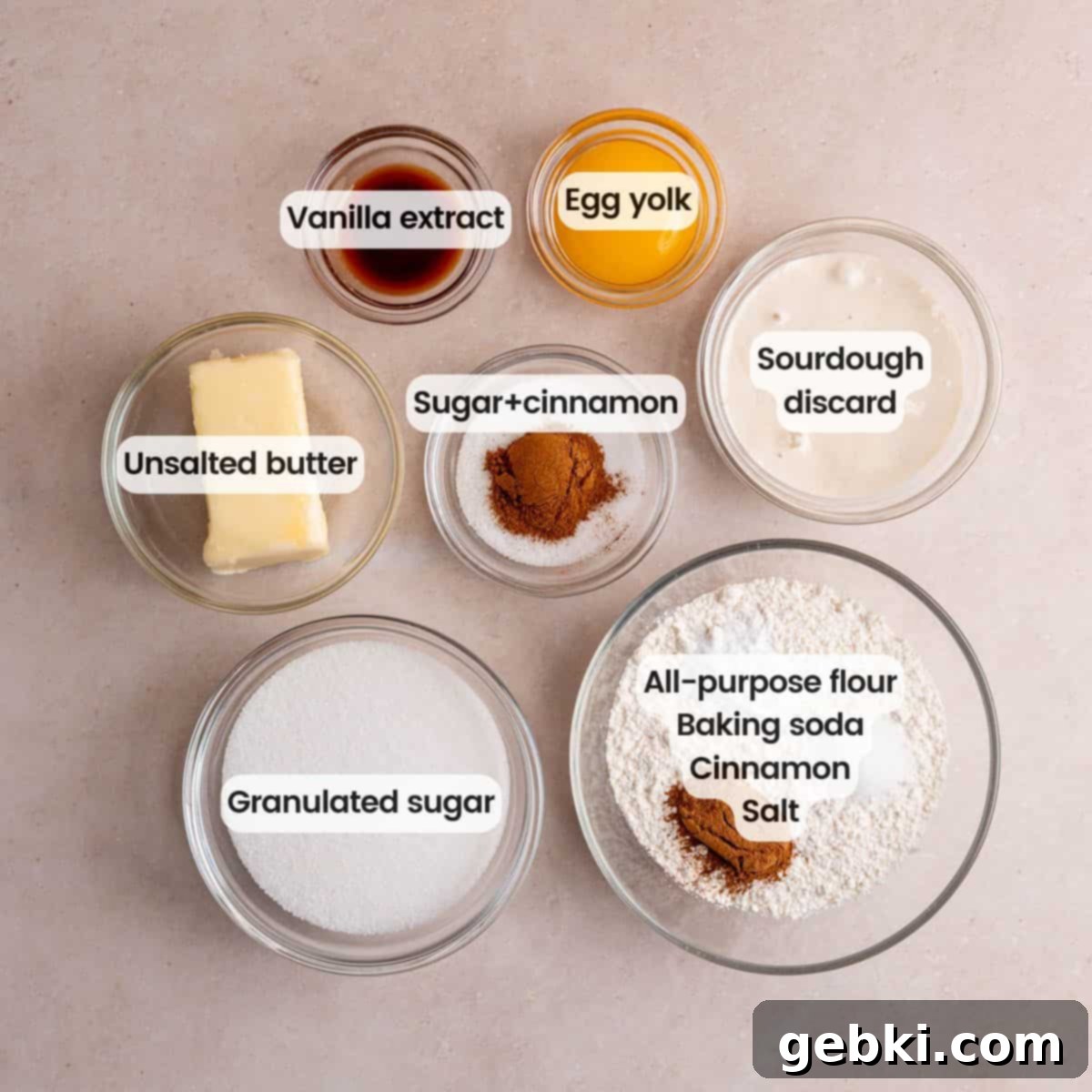 Effortless Sourdough Snickerdoodles 3 Ingredients needed to make snickerdoodle cookies with sourdough discard, laid out on a kitchen counter.